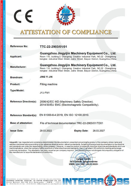 Çin Guangzhou Jingyijin Machinery Equipment Co., Ltd Sertifikalar